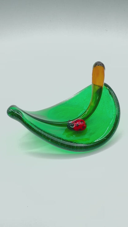 GOOD LUCK Glass Lady Bug On A Leaf - hand sculpted glass paperweight