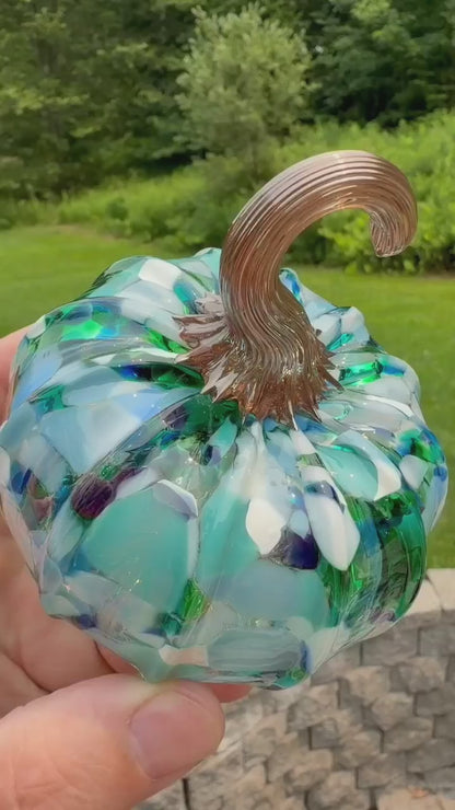 Emerald Peacock Glass Pumpkin – Hand Blown Art Glass Pumpkin, Blue Green White Pumpkin, Colorful Fall Decor, Unique Handmade Glass Gift