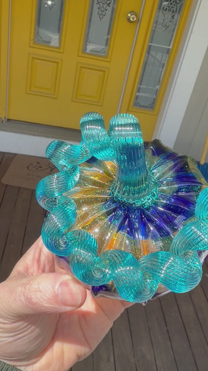 Caribbean Shores Glass Pumpkin – Hand Blown Coastal Decor, Teal Blue Ocean Art, Beach House Centerpiece, Handmade Glass Sculpture