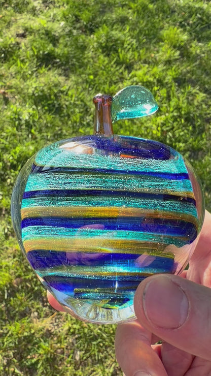 Caribbean Shores Hand Blown Glass Apple – Blue Aqua Amber Art Glass Sculpture – Coastal Beach Inspired Solid Glass Decor – Ocean Wave Paperweight
