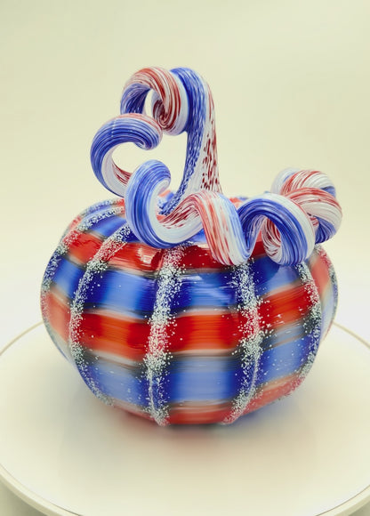 Deluxe Hand Blown Patriotic Glass Pumpkin Sculpture – USA 250th Anniversary Art Glass Pumpkin – Red White Blue Fourth of July Decor –