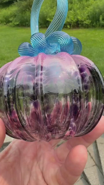 Purple Hibiscus Glass Pumpkin – Hand Blown Art Glass Pumpkin, Purple Pink & Aqua Blue, Floral Fall Decor, Unique Halloween & Thanksgiving Gift