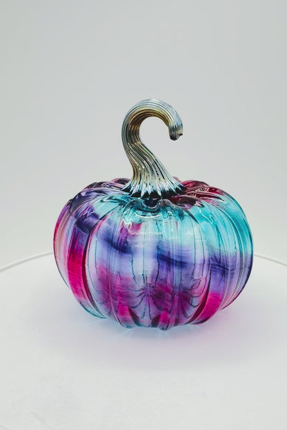 Retro Sunset Hand Blown Glass Pumpkin – Violet – Ruby, Teal & Purple Art Glass Decor – Fall Harvest Decoration – Handmade Glass