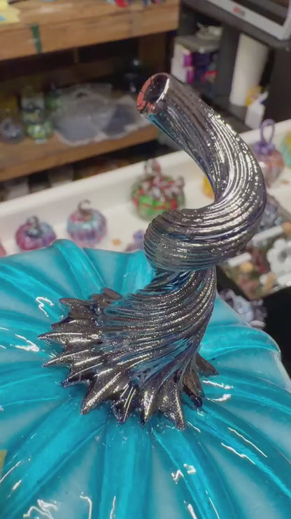 Keith Cerone Glass Aqua Gold Glass Pumpkin – Hand Blown Teal Blue & Metallic Gold Pumpkin, Artisan Fall Decor, Halloween Decor, Unique Autumn Centerpiece