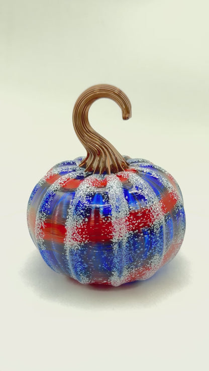 Small Hand Blown Patriotic Glass Pumpkin – USA 250th Anniversary Art Glass Sculpture – Red White Blue Fourth of July Decor